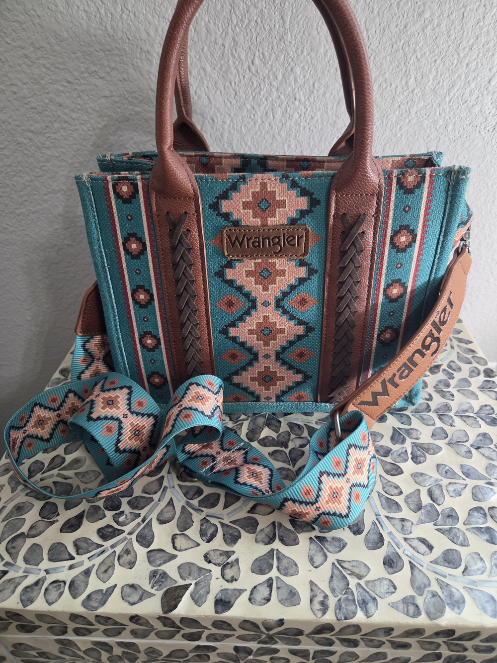 Wrangler Turquoise Patterned Tote Bag with Brown Trim